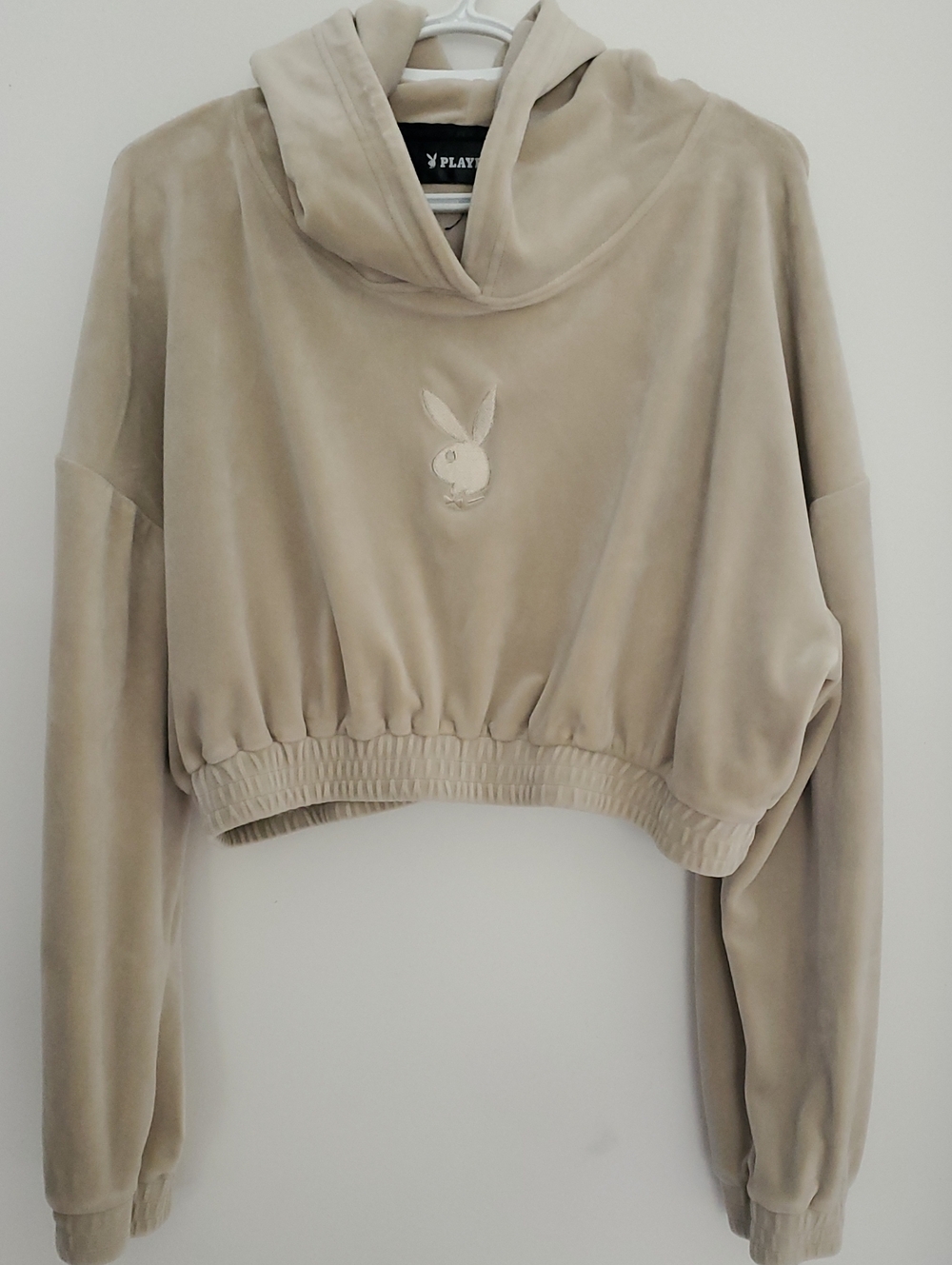 PLAYBOY Velour Cropped Hoodie in Beige